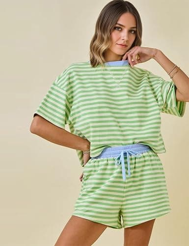 MISSACTIVER Womens Lounge 2 Piece Sets Summer Striped Matching Pajamas Set Short Sleeve Oversized T Shirts Drawstring Shorts thumbnail 2