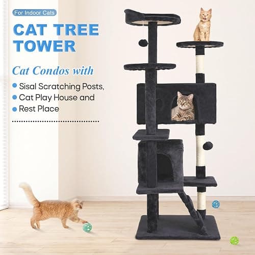 FDW | 54" Cat Tree Tower | Dark Gray | Multi-Level Indoor Activity Center with Sisal Scratching Posts, Condos, Plush Perches, Hanging Cat Toys | Sturdy, Easy to Assemble | for Kittens & Adult Cats thumbnail 2
