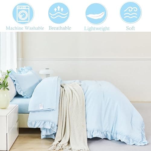 ANGIYUIN Light Blue Ruffle Girls Comforter Set Twin Size 5 Pieces Ruffled Farmhouse Bed in A Bag Solid Boho Bedding Comforter Sets Soft Fluffy Bed Sets for Kids Girl(Light Blue Twin) thumbnail 5