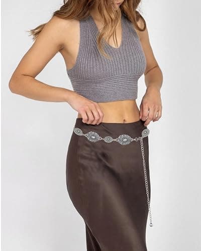 WAYLIT Western-Concho-Belt-Women Cowgirl-Metal-Belts Boho Silver Vintage Turquoise Chain Belt for Dress Jeans thumbnail 5