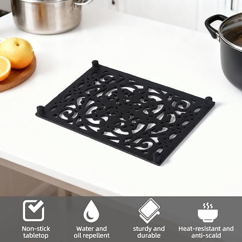 Notakia 9.6 x 6.3 Inch Cast Iron Trivet Set, Large Metal Trivets for Hot Dishes Pots Pans Decorative Kitchen Trivets, Heat-Resistant Trivet Mats for Quartz Countertops, Table Cooktop (Black, 2 Pack) thumbnail 5