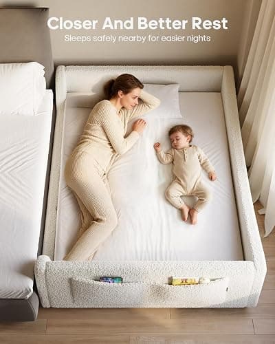 HAUOMS Full Floor Bed, Low Montessori 2-in-1 Convertible Beds, with Slats and High Rails, Upholstered Teddy Boucle, Curve Round Frame for Girls and Boys, No Box Spring Needed, Easy Assemble, Beige thumbnail 7