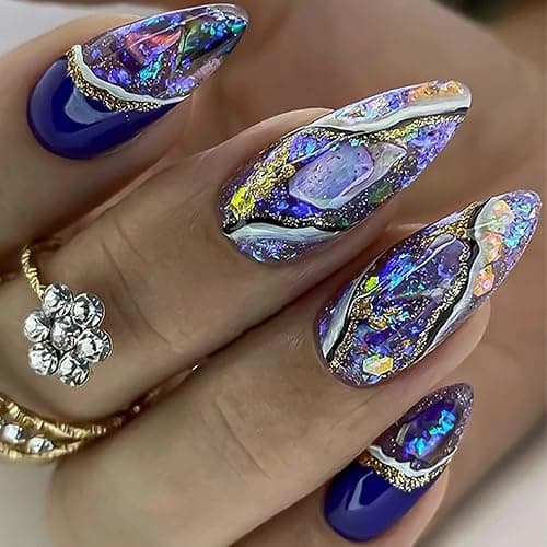 Rchosvam Marble Press on Nails Medium Almond Nails Press Ons Colorful Glaze Marble Design Fake Nails Full Cover Acrylic Flase Nails Gift for Womens 24pcs