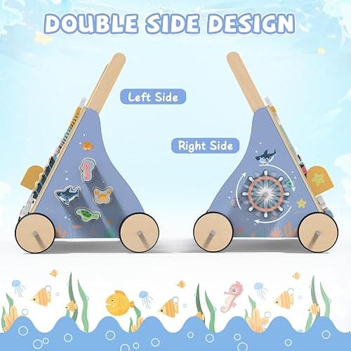 Ocean-Themed Wooden Baby Walker with Activity Center, Montessori Push Walker Toy for Babies 18 Months, Safe First Steps Baby Walking Aid for Boys & Girls thumbnail 7