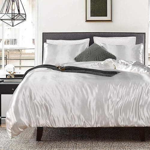 Erosebridal Hotel White Duvet Cover Full Silk Like Satin Bedding Set Adult Reversible Quilt Comforter Cover Honeymoon Sexy Luxury Soft Lightweight Brushed Bedspreads for Farmhouse Room Decor thumbnail 2