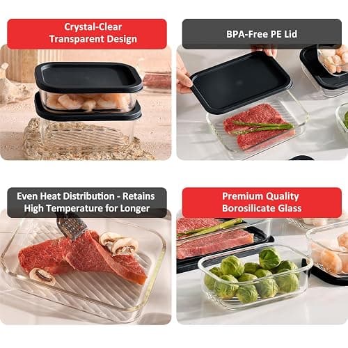 EATEX 7 Pack Glass Meal Prep Containers with Grooved Base, 7 Stackable BPA Free Glass Storage Containers with Lids for Lunch, Pantry, and Kitchen - Microwave, Dishwasher Freezer & Oven Safe - Black thumbnail 5