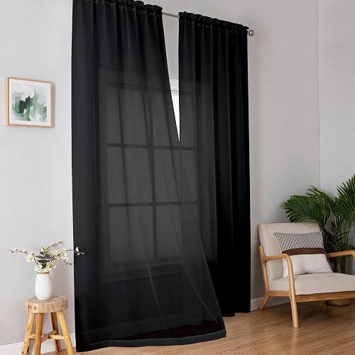 Simplebrand Black Sheer Curtains 84 Inches Long, Light Filtering Rod Pocket Solid Color Window Sheer Curtain Panels, Elegant Curtains & Drapes for Living Room, Bedroom 2 Panels (Black, 42" W x 84" L) thumbnail 8