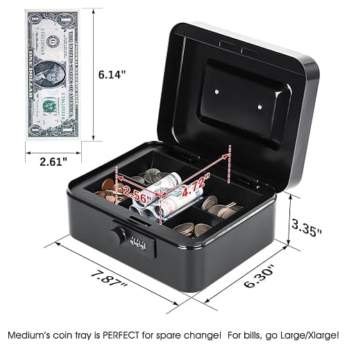 KYODOLED Cash Box with Combination Lock Safe Metal Money Box with Money Tray for Security Lock Box 7.87"x 6.30"x 3.35" Black thumbnail 3
