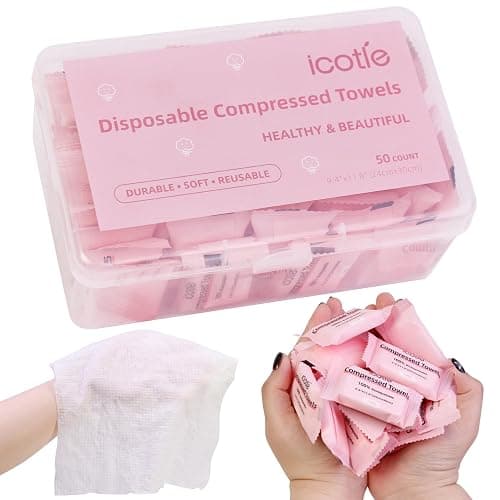 ICOTLE 50 Pcs Compressed Towels Disposable Cotton Coin Tissue Pack, Portable Face Cloths, Soft Thick Expandable Wash Towels for Travel, Home, Camping, Outdoor, Gym, Makeup Removal - Image 1