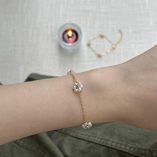 DAYANEY Pearl Bracelets for Women, Gold Bracelet Silver Pearl Jewelry as Gifts for Girls, Dainty Daisy and Heart Braclets Cute Floral Prom Jewelry for Bridesmaid Brazaletes Para Mujer thumbnail 6