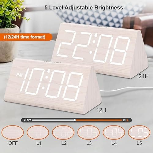 DreamSky Wooden Digital Alarm Clock for Bedroom - Living Room Desk Clock with Large Numbers, Bedside Nightstand Clock with USB Port, Adjustable Volume, Dimmer, DST, Office Wood Décor, Adapter Powered thumbnail 3
