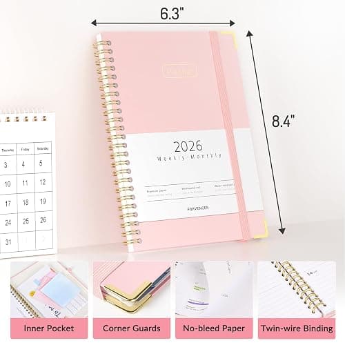 Forvencer 2026 Planner, Hardcover Calendar Planner Weekly and Monthly, January 2026 - December 2026, 6" x 8", Spiral Agenda Book with Tabs, Exquisite Daily Journal with Inner Pocket, Organizer Notebook for Office Home School, A5 Size, Navy Blue thumbnail 3