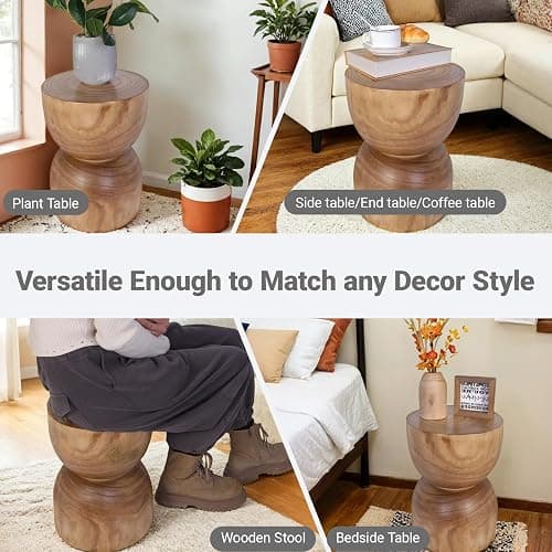 Small Wooden Side Table, 15.75" H Hand Carved Rustic Tree Stump End Table, Natural Paulownia Wood Compact Round Coffee Table, Mini Indoor Outdoor Wood Stool for Living Room, Bedroom, Patio, Garden - 230046N thumbnail 4