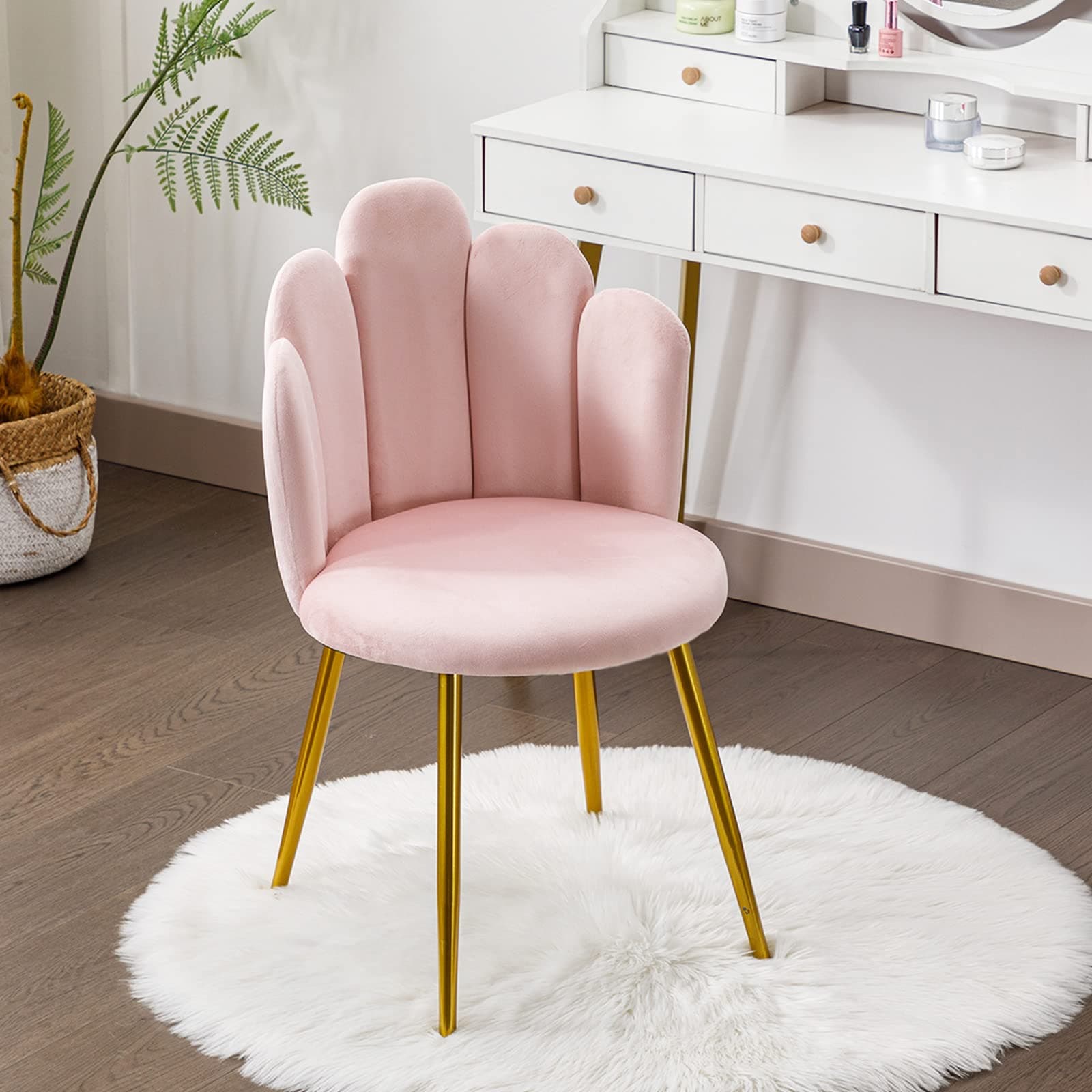 Okeysen Vanity Chair for Bedroom, Makeup Chair No Wheels - Midcentury Modern Velvet Chair with Back Support, Gold Legs with Anti-Slip Feet for Living Room (Pink) - Image 1