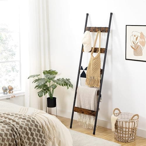 HOOBRO Blanket Ladder, 5-Tier Towel Rack with Hooks, Wall-Leaning Blanket Rack, Decorative Display Ladder Shelf, for Scarves, Industrial, Living Room, Bedroom, Rustic Brown and Black BF52CJ01 thumbnail 2
