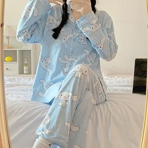 Ocroyea Kawaii Pajamas For Women Two-Piece Set Cute Cartoon Girls Pajamas Casual Cardigan Sleepwear Home Clothes thumbnail 5