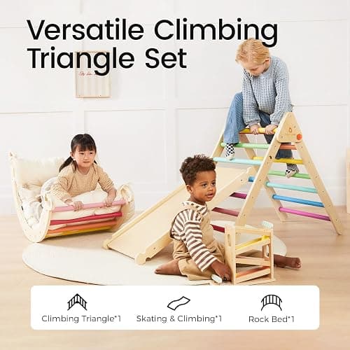 Tiny Land Pikler Triangle Set, 7-in-1 Foldable Pikler Triangle Climbing Toys Set for Kids,Baby Indoor Playground Jungle Gym, Wooden Montessori Climbing Set for Toddler (Rainbow) thumbnail 3