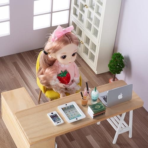 12Pcs Dollhouse Miniature Laptop Computer Tablet Phone Lamp Book Glasses Coffee Headset Simulation Accessories 1/12 1/6 Toy Pad Play Set Fits Barbie Doll Girl Mini Drink Party Office (Bule) thumbnail 6