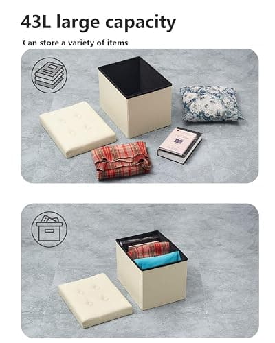 Bsketa Storage Ottoman, Folding Foot Stool with Thicker Foam Padded Seat Small Leather Storage Ottoman Bench Foot Rest for Living Room Foldable Coffee Table 17x13x13in,Beige thumbnail 6
