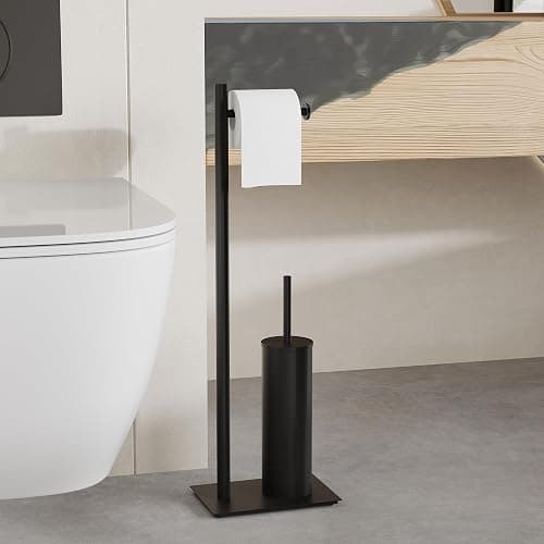 RUACQ Toilet Paper Holder Stand with Toilet Brush and Holder Set, 304 Stainless Steel Bathroom Toilet Tissue Paper Roll Holder Free Standing, Weighted Base, Heavy Duty (Matte Black) thumbnail 2