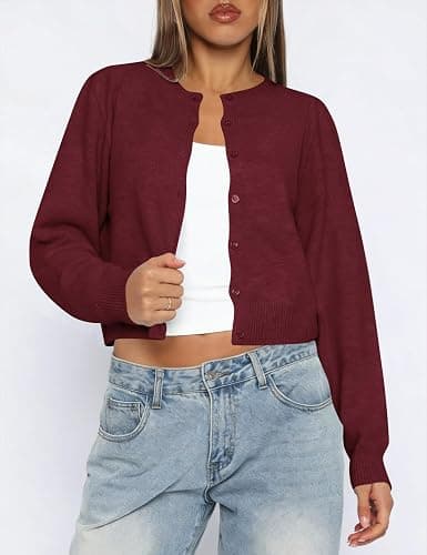 Kistore Cropped Cardigan Sweaters for Women Lightweight Knit Clothes 2026 | Fashion Clothing,Button Up Cardigan,Short Cardigans for Women,Long Sleeve Cardigan,Y2k Outfits for Women,Crew Neck Cardigan thumbnail 3