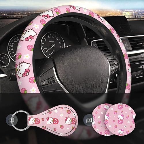 Kitty Accessories Car, Strawberry Pink Hello Cat Wheel Cover, Y2K Car Accessories, Girly Steering Wheel Cover, Universal Fit 14.5-15 inch Auto SUV Vans Trucks, Anti-Slip and Sweat Absorption - Pink thumbnail 7