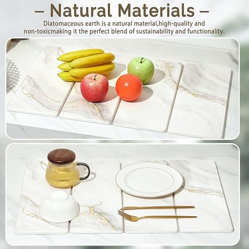 2 PCS Large Stone Dish Drying Mat for Kitchen Counter Quick Dry Stone Dishes Mats Marbled Water Absorbing Diatomaceous Earth Drying Pad for Countertop Bottles Utensils Cups (Gold White 24"x16"&8"x4") thumbnail 8