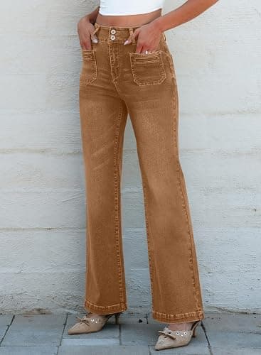 Sidefeel Women's Wide Leg Jeans High Waisted Denim Pants | Double Button Waistband,Tummy Control,Front Patch Pockets,Full Length,High Rise,Stretchy Fabric,Casaul Daily Wear thumbnail 3