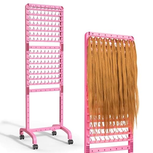 Yumkfoi Adjustable 2-Sided Braiding Hair Rack - 280 Pegs, Standing With Wheels, Pink Separator for Stylists - Image 1