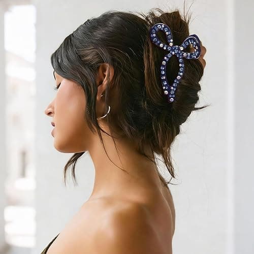 AWAYTR Rhinestone Hair Bow Claw Clip for Women, 4.3", Butterfly Style, Non Slip, for Long Thick Hair (Navy) thumbnail 2