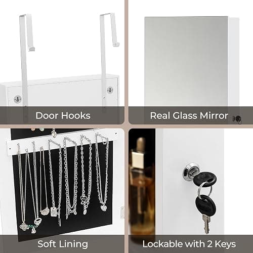 Jewelry Cabinet Fitting Mirror Cabinet,Mirror Jewelry Cabinet Organizer, 35.4-inch Jewelry Armoire with Full-Length Mirror, Wall or Door Mounted Jewelry Storage, Lockable Large Capacity Storage, White thumbnail 6