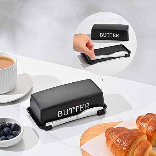 Butter Dish With Cover And Knife,Food Grade Plastic Butter Holder With Lid For Countertop,Black Dishwasher Safe Butter Storage Container thumbnail 4