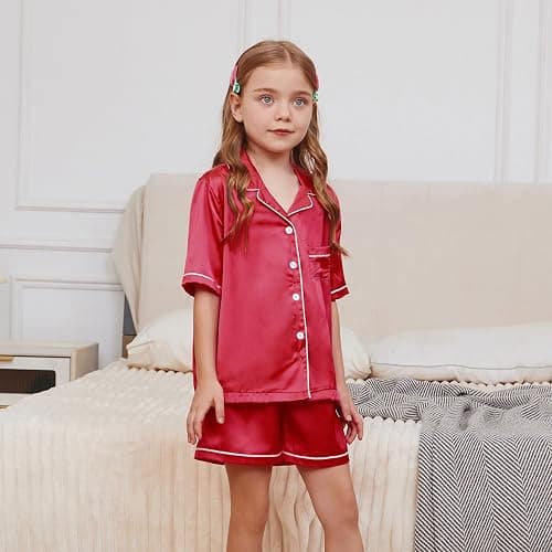 QPANCY Kids Satin Pajamas Sets Baby Boy Girl Button-Down Silk Sleepwear 2 Piece Short Sleeve Loungewear Clothes Set thumbnail 2
