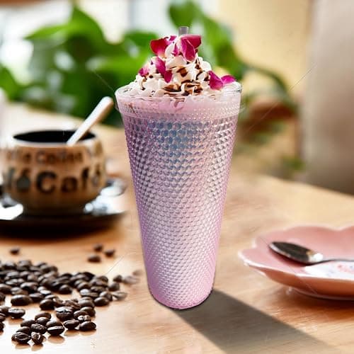 Studded Tumbler With Straw Tumblers With Lids And Straws Pink Tumbler With Straw Textured Cup BPA-Free Double-Wall Plastic Tumblers for Iced Coffee Cold Drinks or Water 24 Oz thumbnail 6