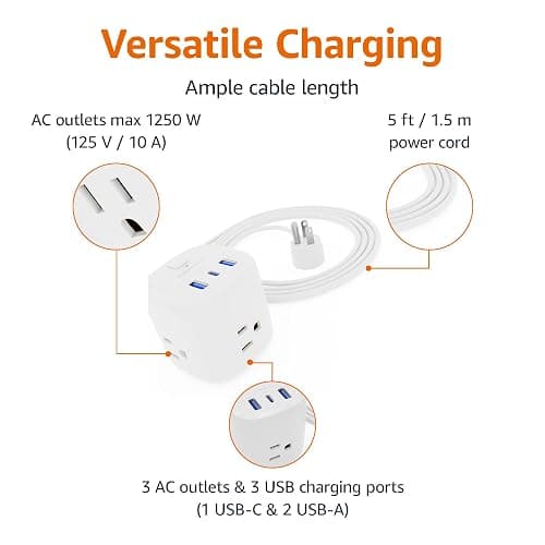 Amazon Basics Power Strip Cube 3 Outlet 3 USB Ports, 1 USB-C(15W) and 2 USB-A(12W), 5 ft Extension Cord, Home, Office, Travel, White thumbnail 4