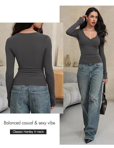 Prettywear Women Long Sleeve Henley Shirts V Neck Button Tight Slim Fitted Top Going Out Tees 2025 Trendy Spring Fall thumbnail 4