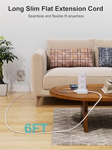 Power Strip Tower Surge Protector, 6FT Flat Plug Extension Cord with Multiple Outlets, 12 AC Outlets 4 USB (2 USB C), Desktop Charging Station with Surge Protection for Home Office Dorm Room, White thumbnail 5
