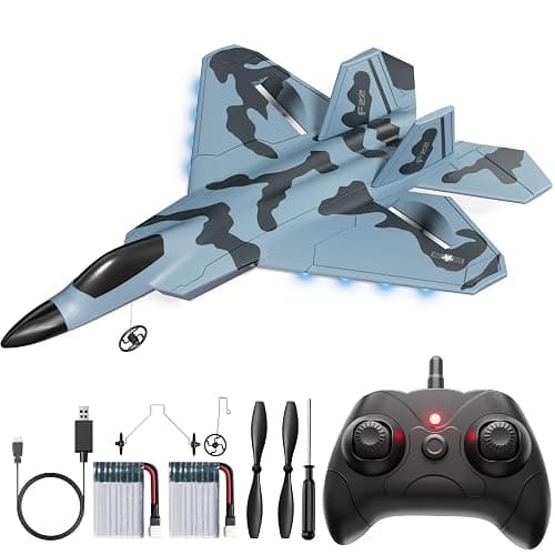 TOIBUS RC Plane, Remote Control Airplane, Drone for Kids and Beginners F-22 Glider Fighter Jet, Ready to Fly 2CH 2.4GHz Flying Toys with LED Lights, 2 Takeoff Modes, Auto Balance, 2 Batteries - Image 1