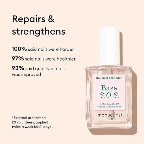 Manucurist S.O.S. Base Coat Nail Strengthener Gel Base Coat | Repairing nail treatment with vitamins C & B5 for very damaged nails. Vegan, up to 78% plant-based, Made in France, 15 ml thumbnail 4