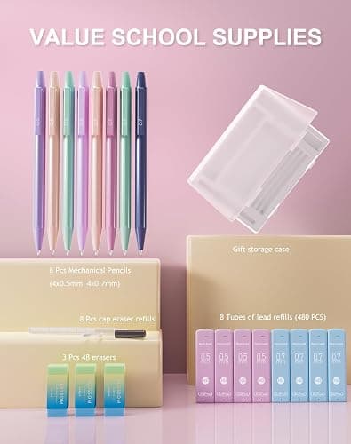 20PACK Mechanical Pencil, 8Pcs 0.5 0.7mm Mechanical Pencils Set With Eraser and 480 Pcs Refills, Cute Colored Preppy School Supplies Gift for Girls Writing - Come With Custom Case - Pink - 0.5mm+0.7mm thumbnail 6