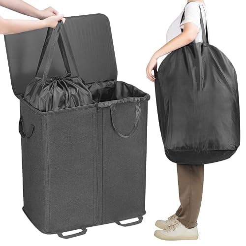 Lifewit Double Laundry Hamper with Lid and Removable Laundry Bags, Large Collapsible 2 Dividers Dirty Clothes Basket with Handles for Bedroom, Laundry Room, Closet, Bathroom, College, 136L Black thumbnail 6