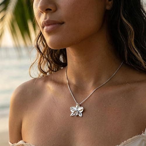 925 Sterling Silver Orchid Flower Necklace Pendant with 18" Box Chain, Nickle Free Hypoallergenic for Sensitive Skin, Island Tropical Jewelry with Gift Box thumbnail 3