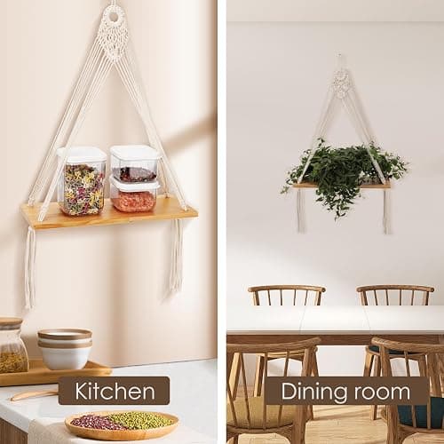 Sunkaioo Macrame Wall Hanging Shelf Set of 2,Boho Wooden Display Floating Shelves for Wall Decor with Handmade Woven Rope,Farmhouse Rustic Plant Shelf for Bedroom Dorm Nursery Living Room Bathroom thumbnail 7