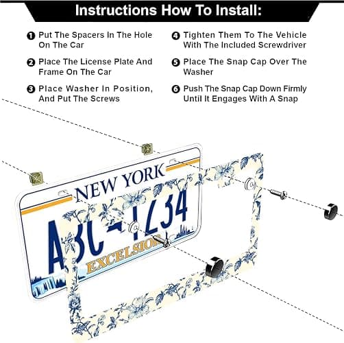 Blue Floral Flowers License Plate Frames - 2 Pcs Set 2 Holes Stainless Steel Metal Auto Car Accessories Decoration License Plate Frame Cover Size 6.3" x 12.2" Fit US Vehicles for Women Men Gift thumbnail 3