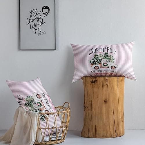 OHDCE Merry Christmas Tree Truck 12x20 Pillow Cover, Preppy Pink Christmas Decor, Rustic Xmas Tree Pickup Decorative Lumbar Pillow Covers for Girls Dorm Bedroom Living Room thumbnail 7