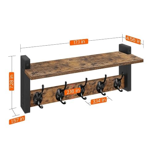 Homode Wall Hooks with Shelf, Wood Coat Rack with Shelf Wall-Mounted, Entryway Hanging Shelves with 5 Metal Hooks for Clothes Hats Towel Purse Robes, Bathroom Mudroom Bedroom, Rustic Brown Black thumbnail 3