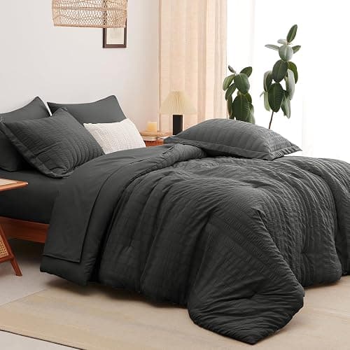 CozyLux Full Size Comforter Sets with Sheets Seersucker 7 Pieces Dark Grey Bed in a Bag Textured Luxury Soft Bedding Set with Down Alternative Comforter, Sheets, Pillowcases & Shams for All Seasons thumbnail 7