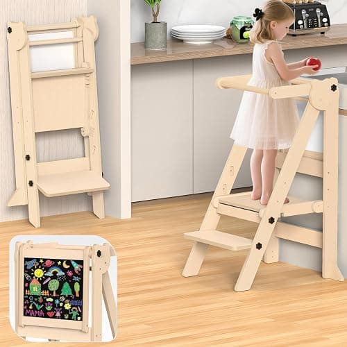 Foldable Toddler Tower, Wooden Toddler Kitchen Stool with 3 Adjustable Heights and Removable White/Blackboard, Montessori Foldable Learning Tower Kitchen Stool, Natural Wood - Image 1