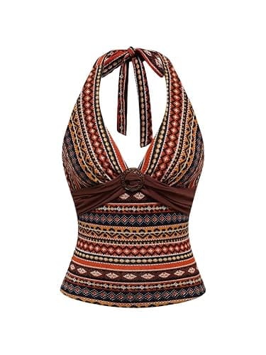 Milumia Women's Boho Printed Deep V Neck Halter Top Vintage Tie Backless Hippie Knit Tops - Image 1