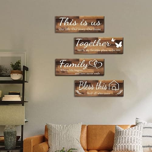 4 Pieces Home Wall Signs, THIS IS US/TOGETHER/BLESS THIS HOME/FAMILY Wall Decor For Living Room Bedroom, Rustic Wooden Farmhouse Wall Art , 4.7 x 13.8 Inch(Brown) thumbnail 8